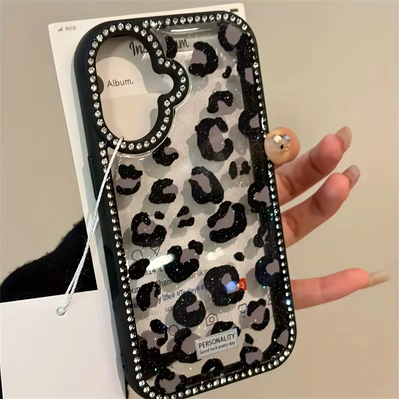Phone Cases Pinterest - Pembe Siyah Leopar Baskı Elmas Kakma